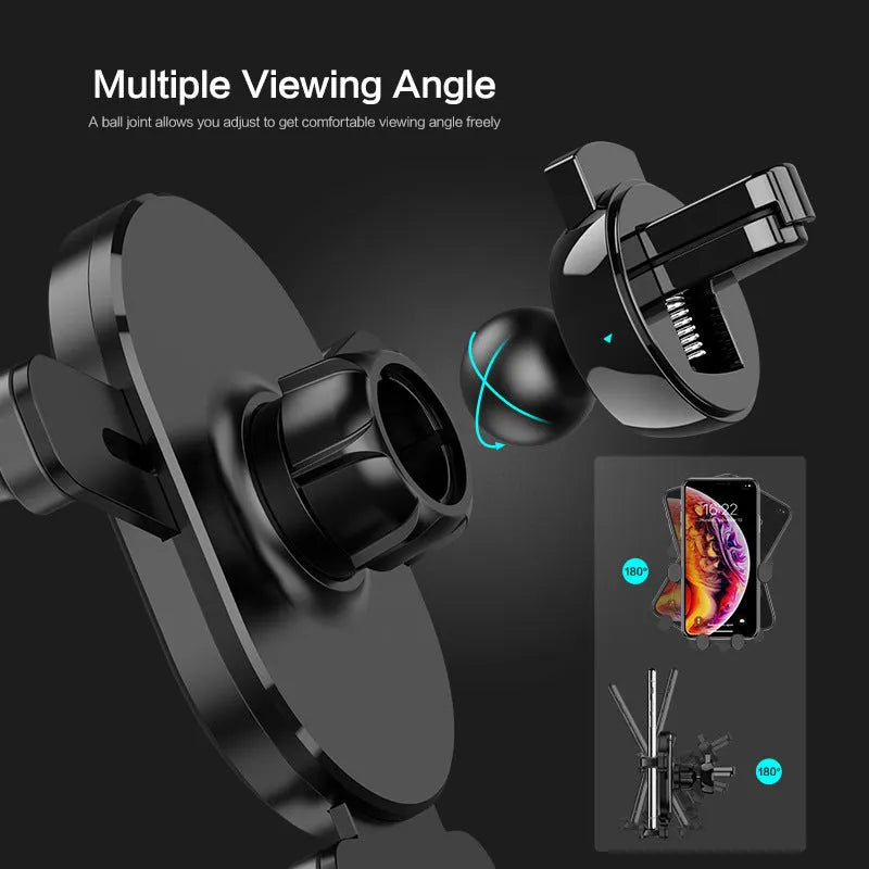 Black car mobile phone holder with gravity bracket mounted in vehicle air vent showing 360-degree rotation