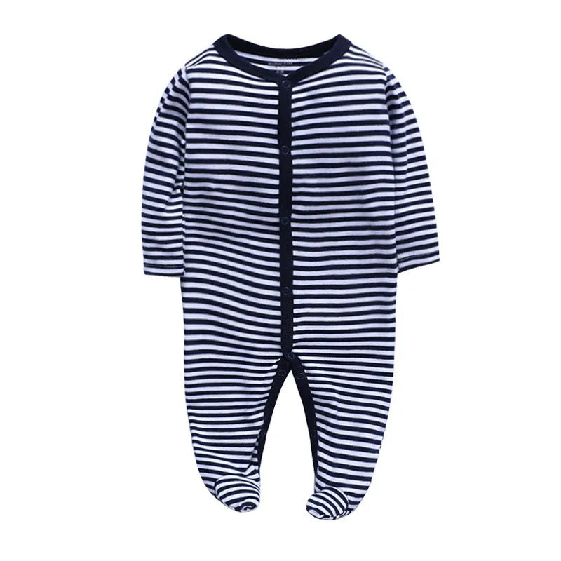 A soft cotton baby one-piece garment featuring a dinosaur print, shown on a hanger.