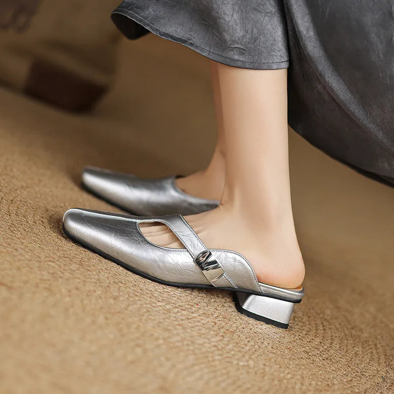 Square toe low heel outdoor slippers in black, beige, or silver colours.