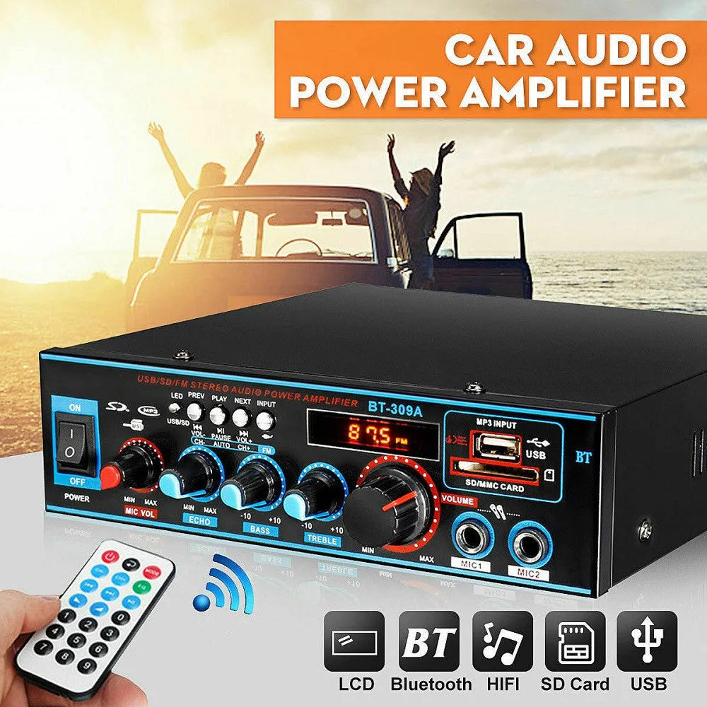 BT-309A-A black power amplifier with Bluetooth and recording functions for home and car audio