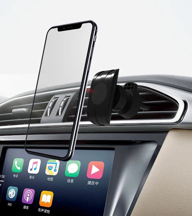 Matte black car phone holder mounted on air outlet with adjustable clamp and 360-degree rotation