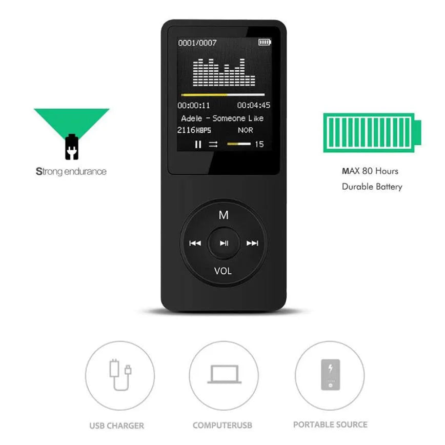 Portable black MP3 player with 1.8-inch TFT display showing AMV movie screen on a white background