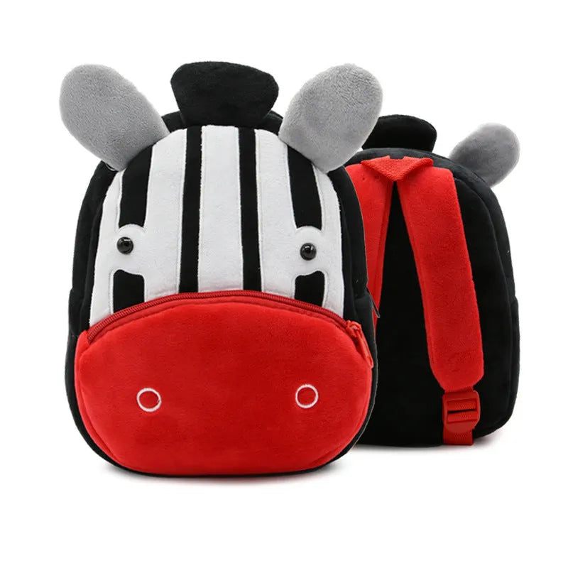 Children's plush animal backpack measuring 26x24x10cm with zipper opening and interior pocket