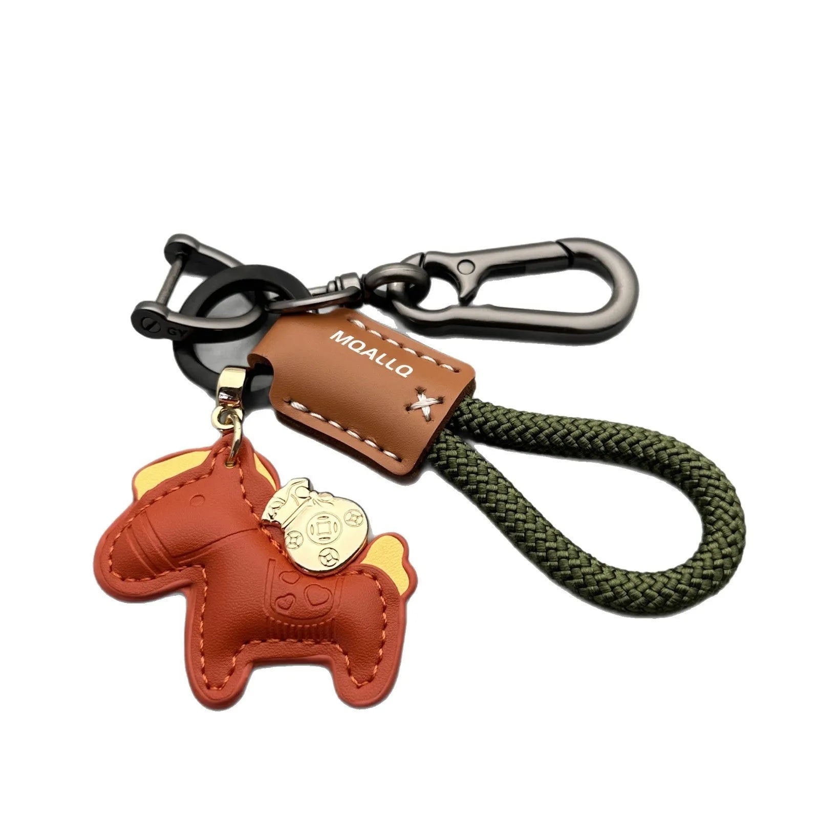 Handmade brown cowhide key ring pendant with a zinc alloy pony belt buckle and green flanelle rope.