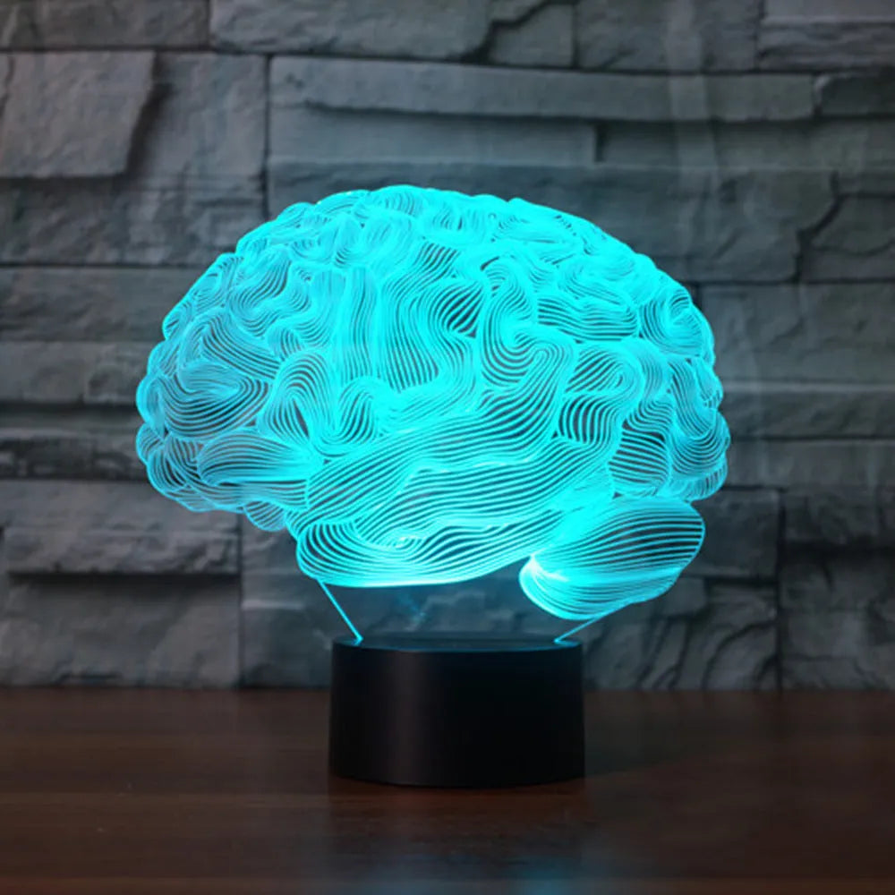 3D brain illusion acrylic LED desk lamp with remote control on a wooden table