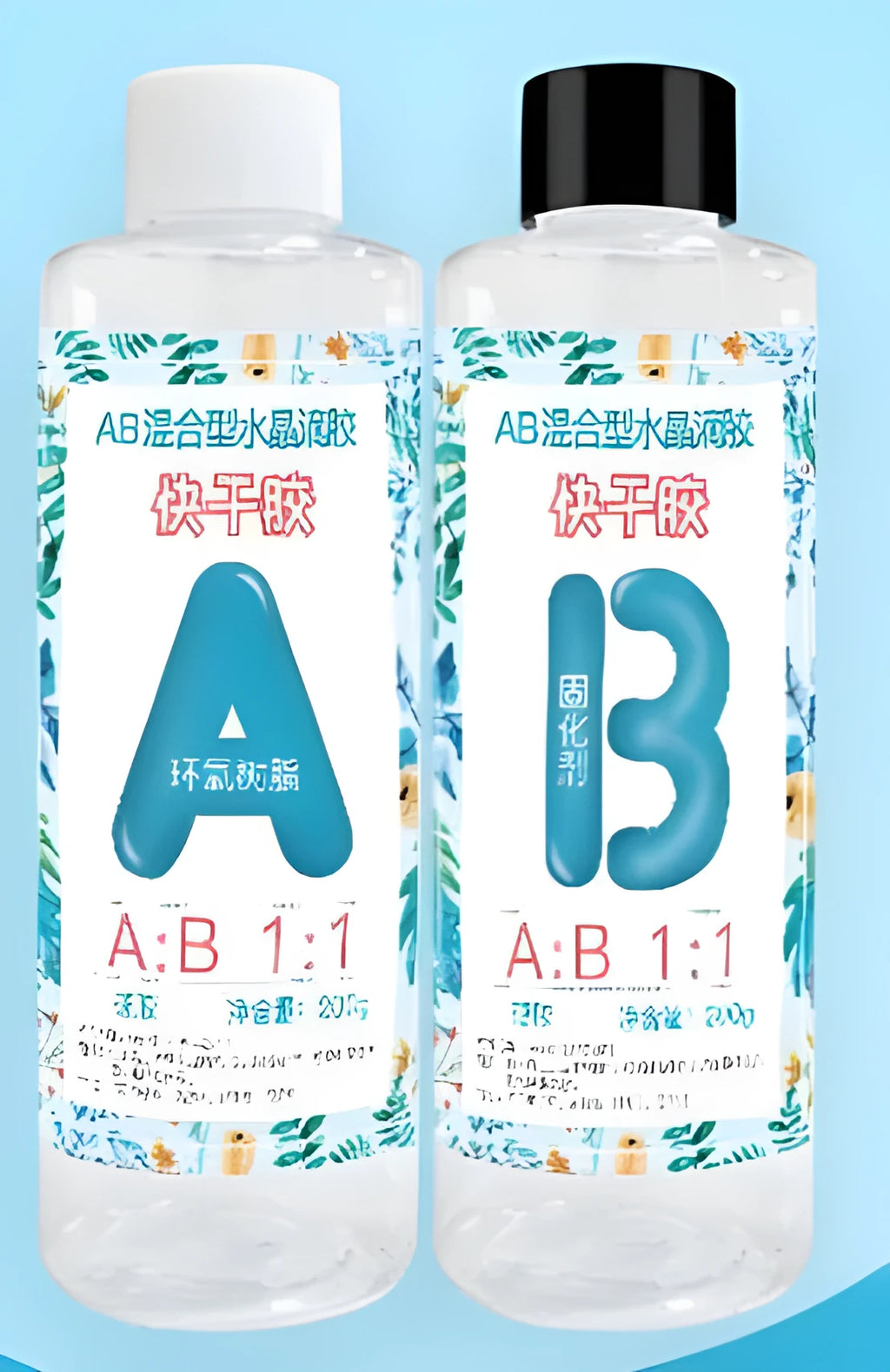 Two bottles of quick-curing AB epoxy resin for DIY jewellery making, 100g and 200g sizes.