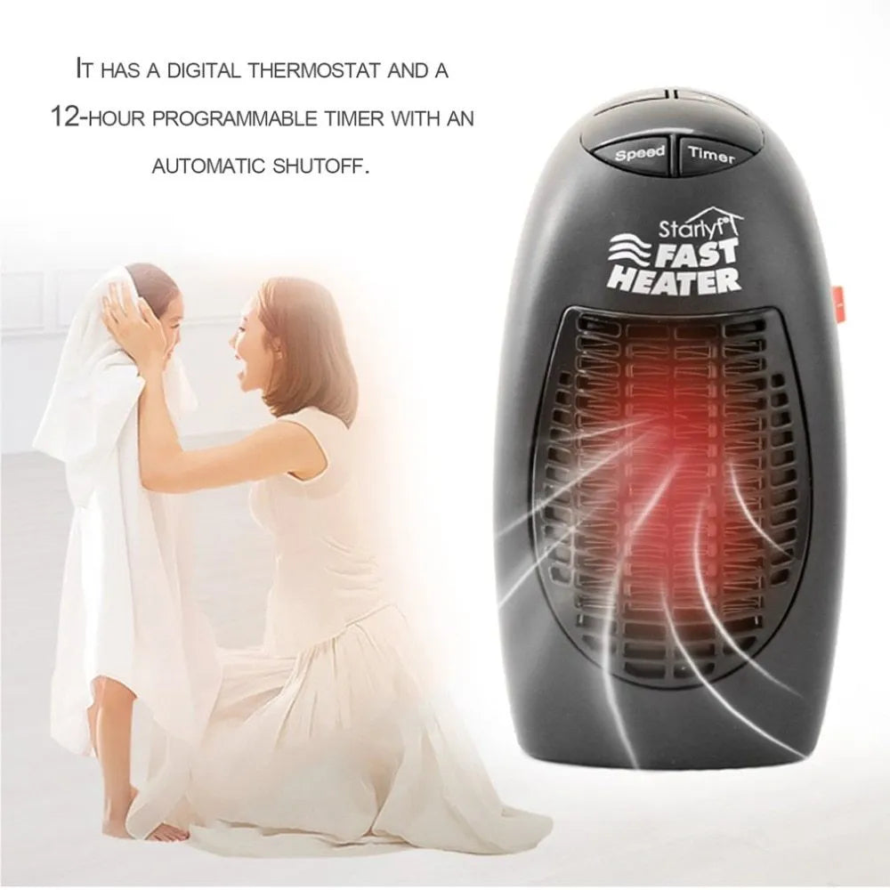 Black compact ceramic electric heater with digital display and a rotating plug on a white background.