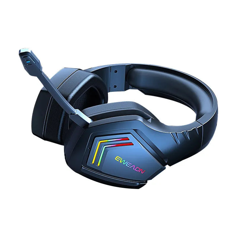 Black RGB wireless Bluetooth noise reduction headset showing headworn design and earpieces