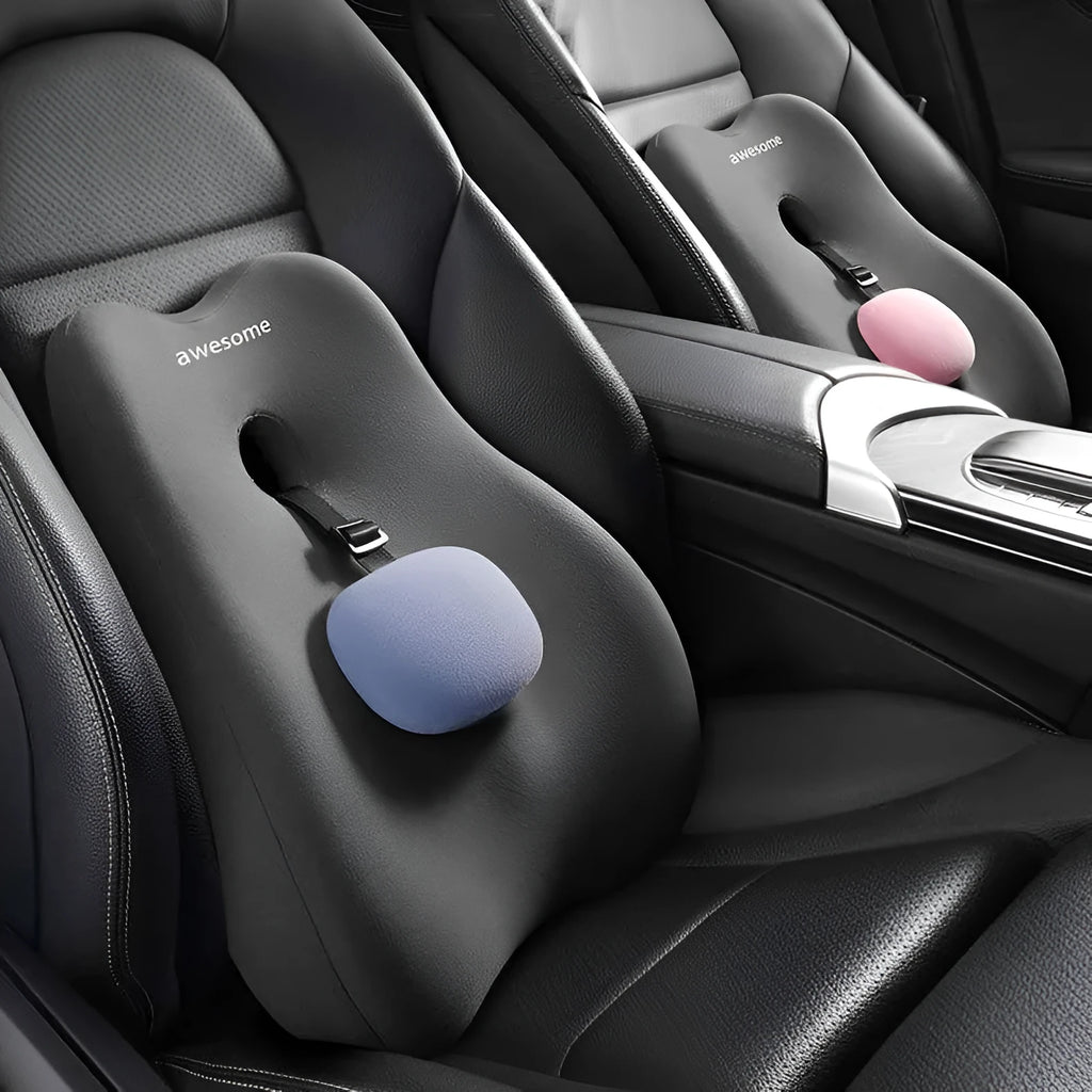 Car lumbar support pillow in black with memory foam filling for driving comfort
