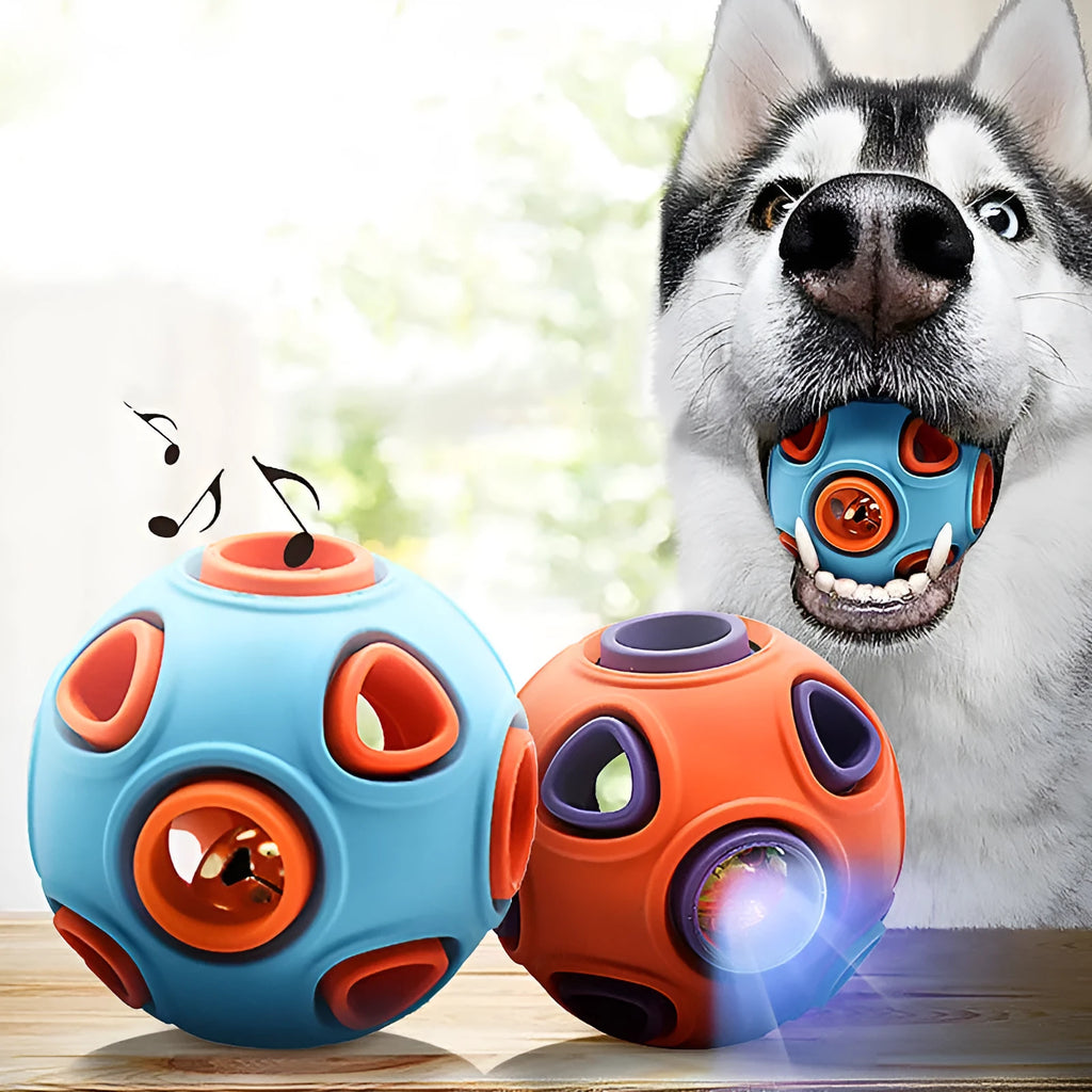 Luminous sounding dog toy ball in rubber with light and sound features, available in multiple colours and sizes for dogs.