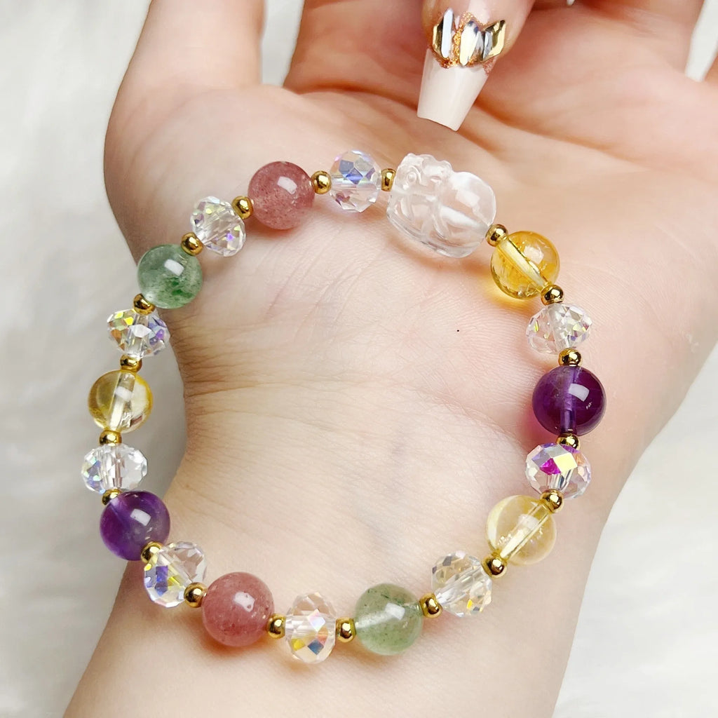 Handcrafted crystal bracelet featuring combined phoenix and nine-tail fox animal motifs