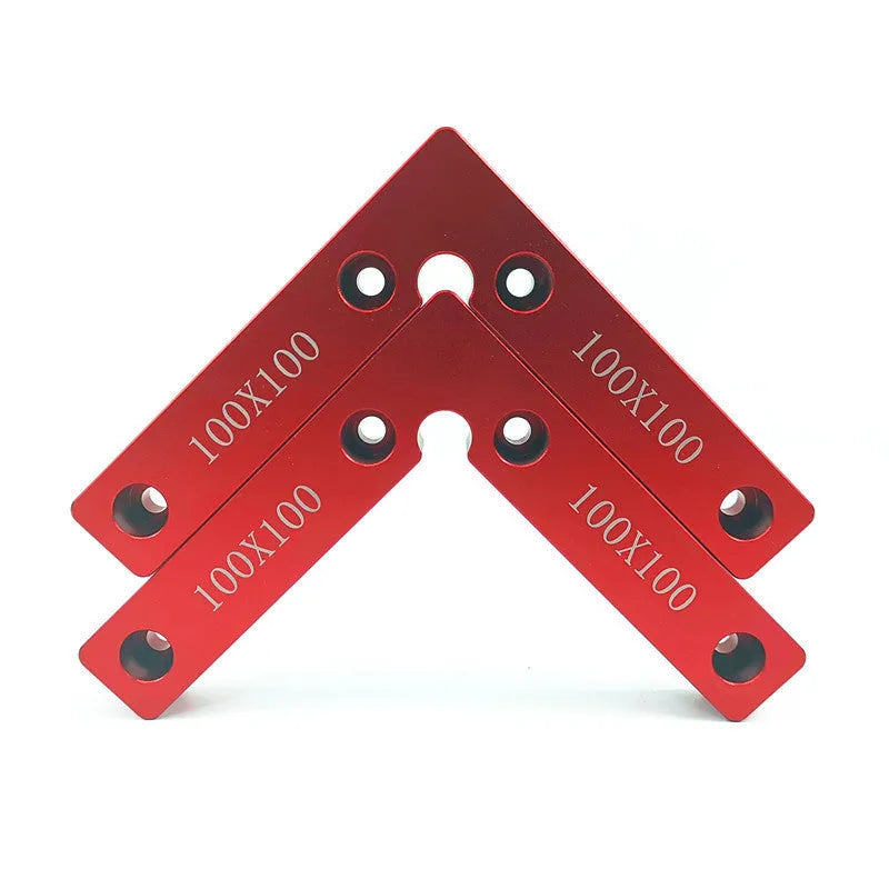 Silver anodised aluminium right-angle woodworking positioning block with engraved measurement scales