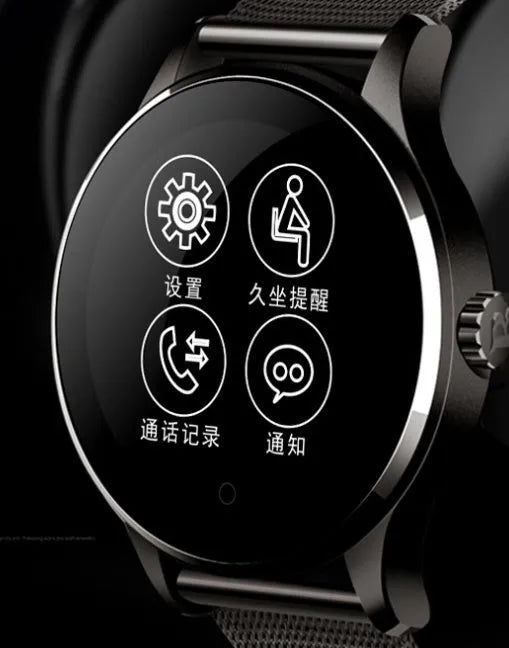 K88H smartwatch in silver with steel strap showing heart rate data on its screen.