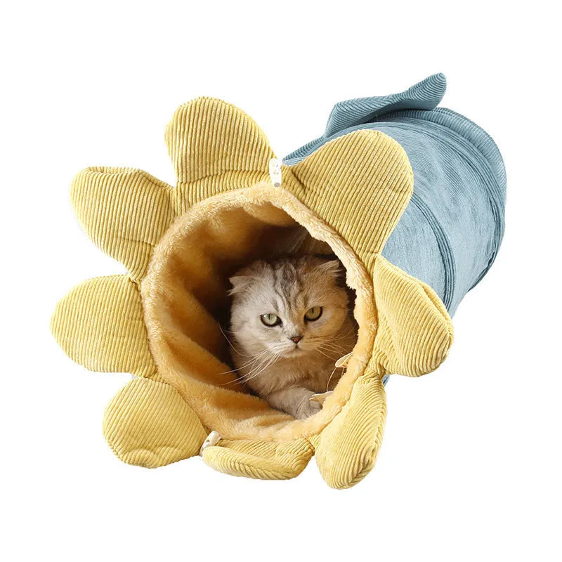 Creative fruit funny pet cat tunnel toy with soft cloth in green cucumber colour featuring 4 belts and hooks