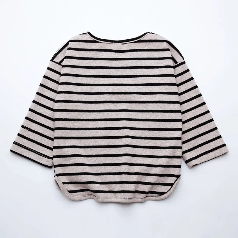 Striped print cotton long sleeve T-shirt for baby girls in black or red colours