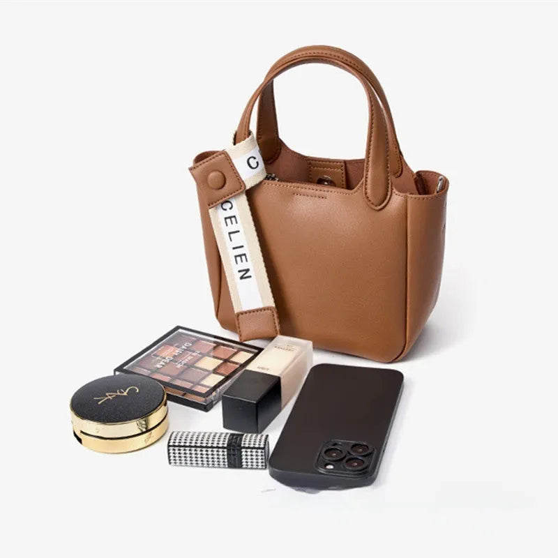 Brown genuine cattlehide leather cross body bucket bag with retro style and single shoulder strap