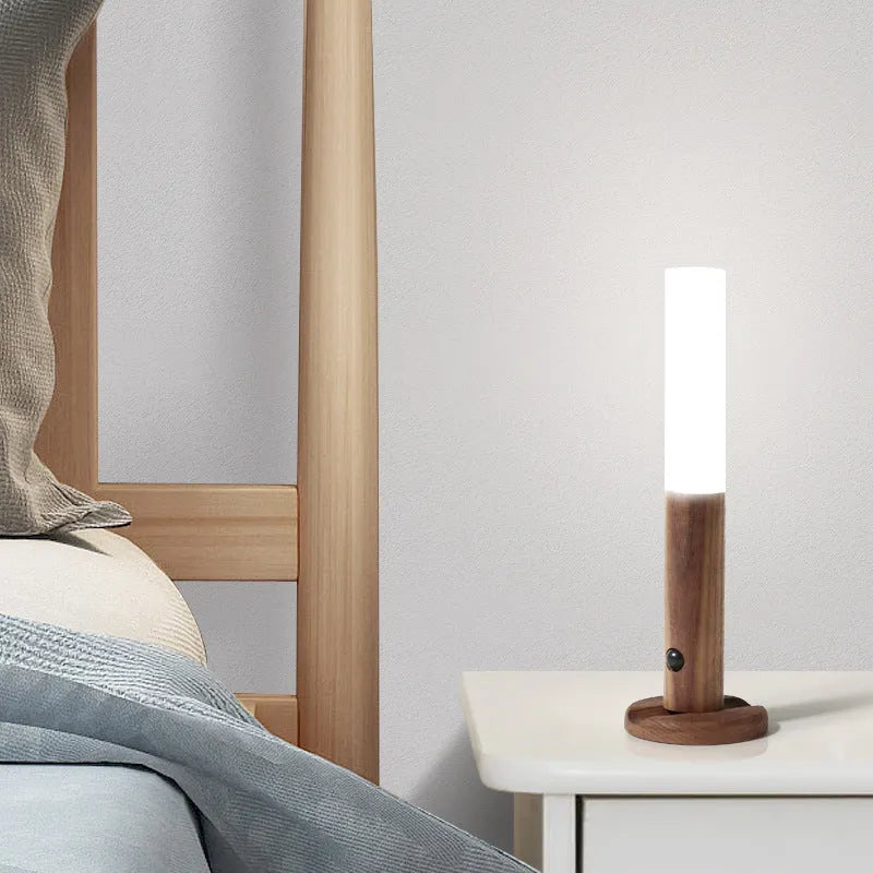 Wood and glass sensor LED desk lamp showing compact dimensions and contemporary design