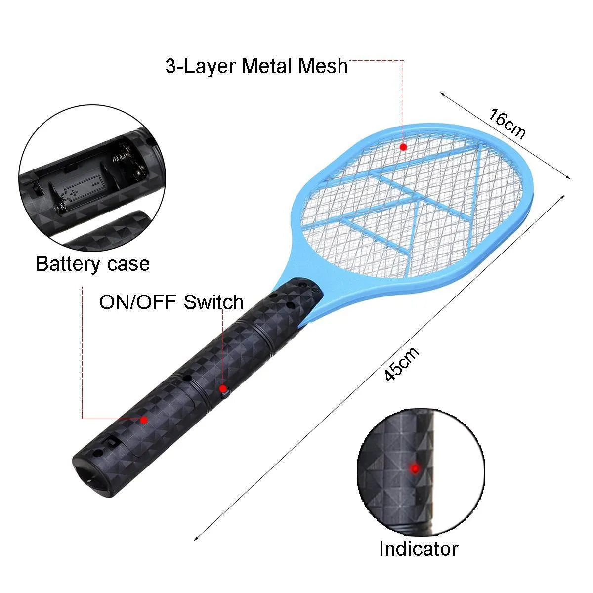 Blue battery-powered electric mosquito swatter measuring 16.5x45cm with insect zapper mesh