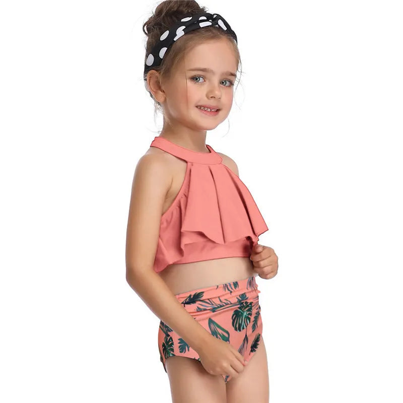 Baby girls women nylon swimsuit in flower orange red child adult sizes with chest pad