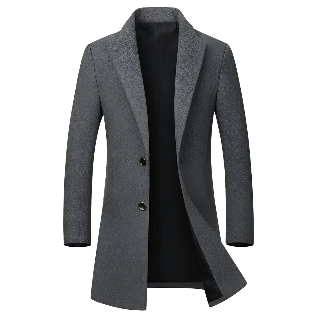 Men's long woolen trench coat in 825 Navy with notched lapel, single-breasted front, long sleeves, size M to 5XL