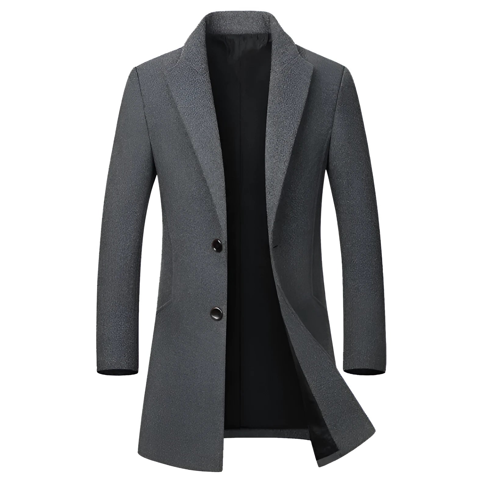 Men's long woolen trench coat in 825 Navy with notched lapel, single-breasted front, long sleeves, size M to 5XL