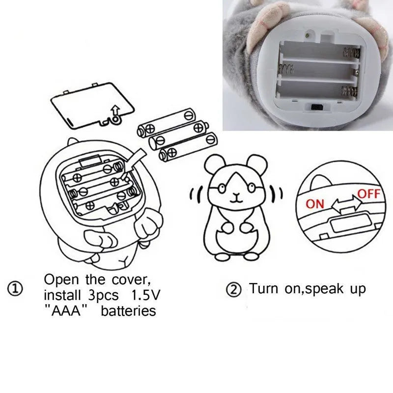 15cm tall light brown plush talking hamster toy with head-bobbing function.