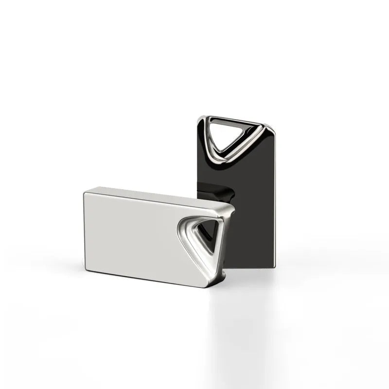 White mini metal USB flash drive with integrated laser pen feature.