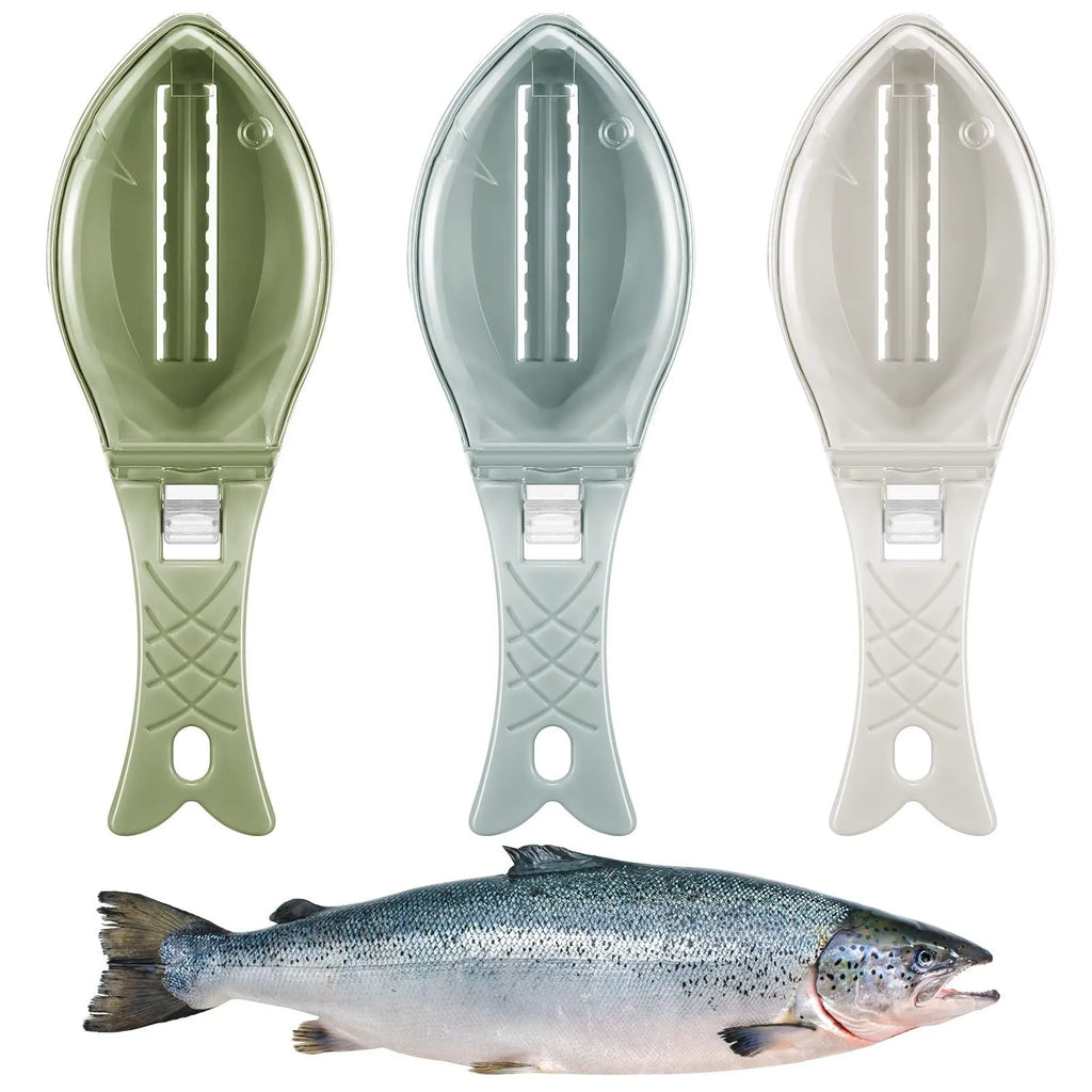 Fish-shaped scale scraper with removable knife and containment cover