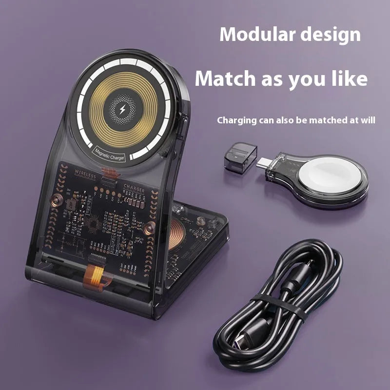 Transparent three-in-one wireless charger with magnetic stand and Type-C port charging a phone, watch, and earbuds