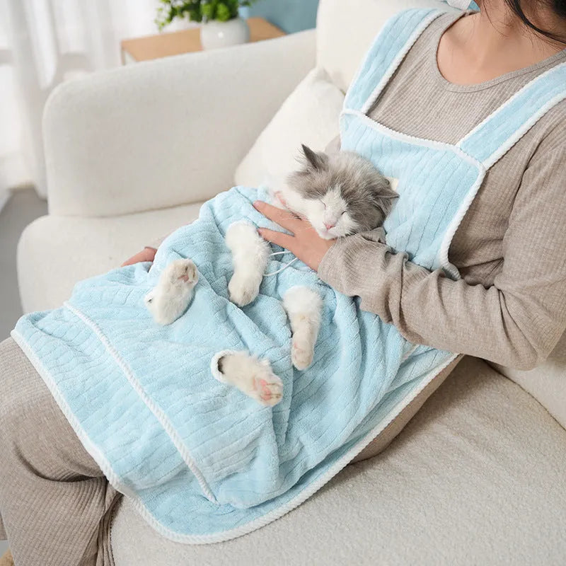 Cat petting apron in cloth material showing colour options including pink, light blue, light purple and striped patterns