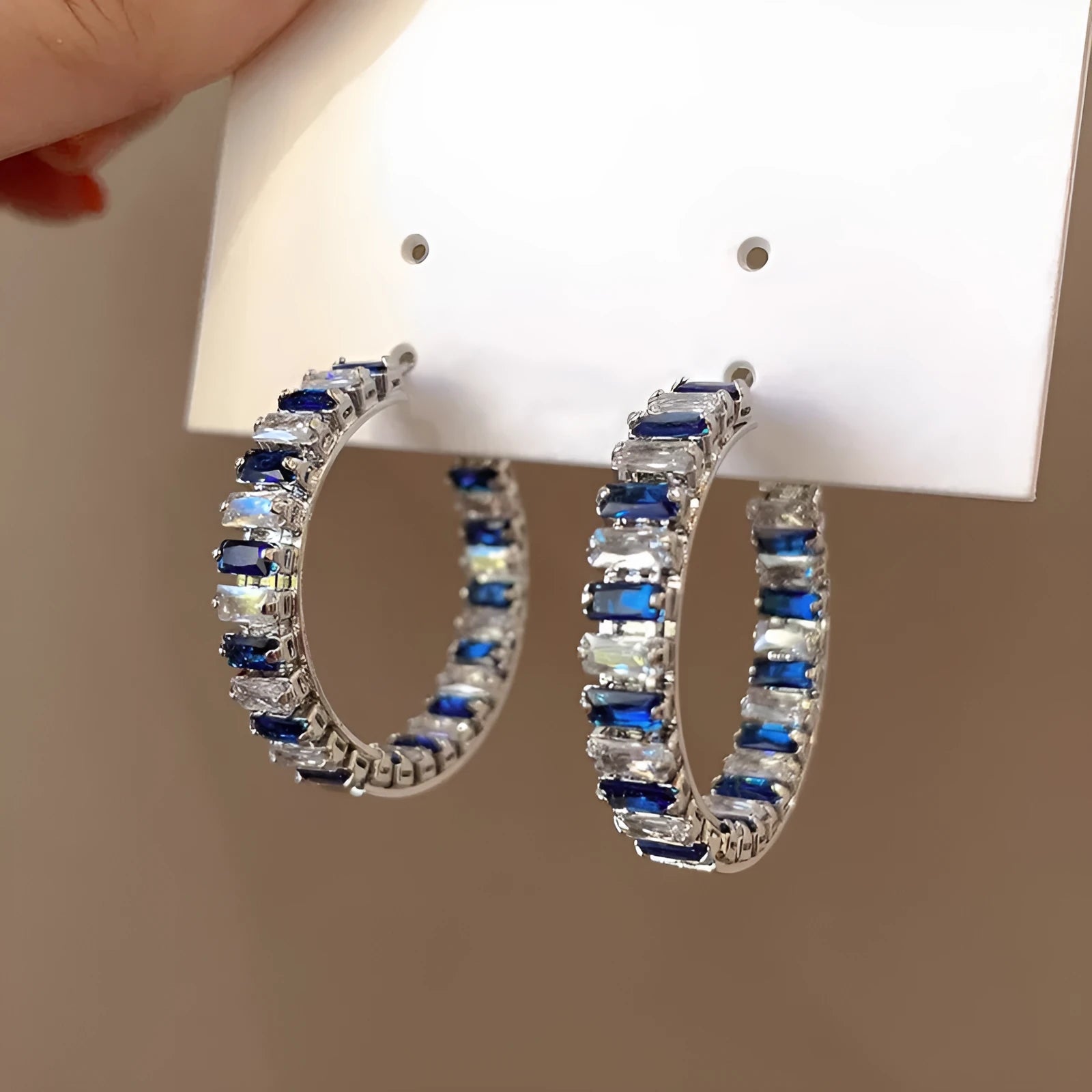 Large copper hoop earrings for women with geometric quadrilateral shape and inlaid zircon in white gold colour finish