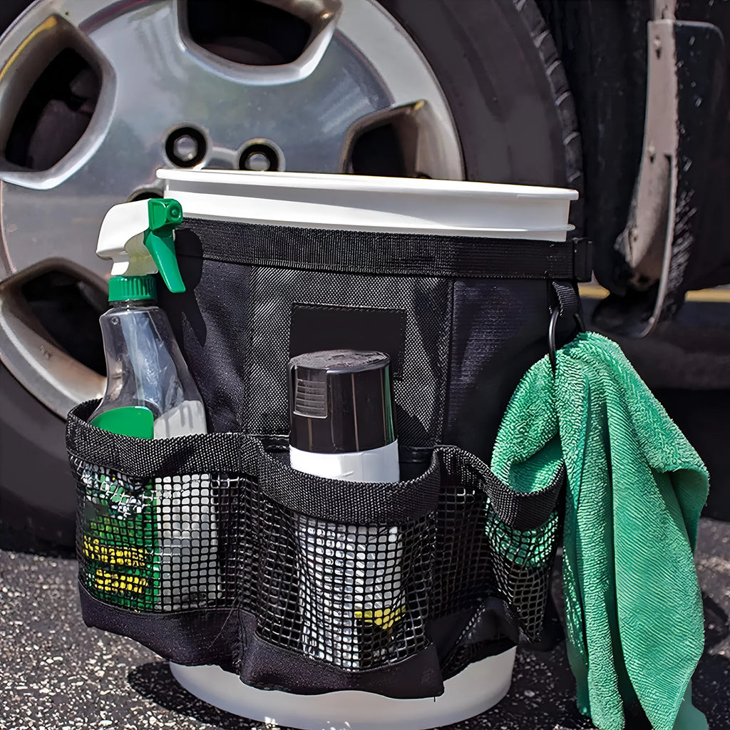 Black cylindrical polyester hanging storage bag designed for a US 5 gallon barrel.