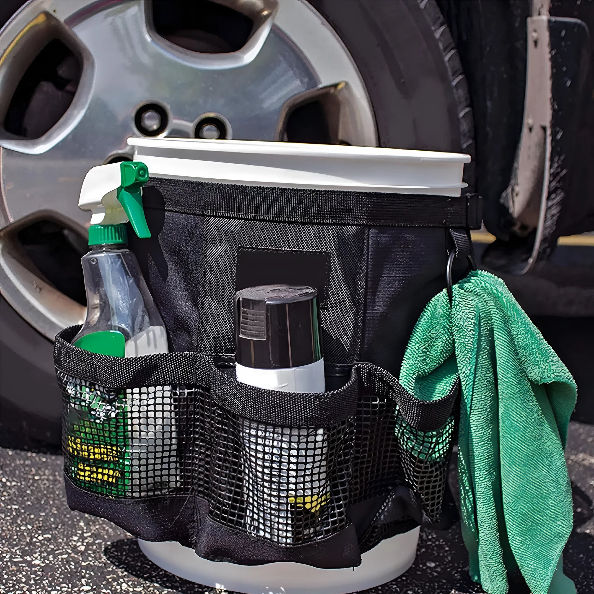 Black cylindrical polyester hanging storage bag designed for a US 5 gallon barrel.