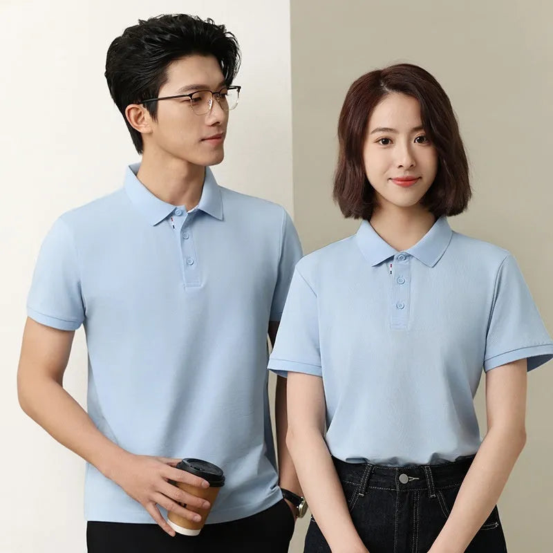 Solid colour catering work polo shirt in ice silk fabric on a hanger, showing short sleeves and regular fit.