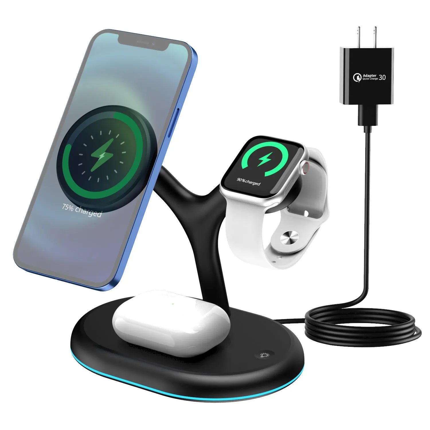 Black three-in-one magnetic wireless charging station for iPhone, Apple Watch, and AirPods on a wooden surface.