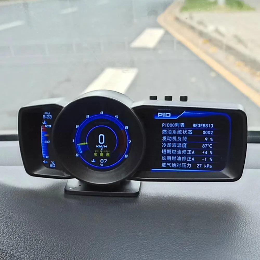 A600 monitor driving computer with TFT screen showing vehicle data, OBDII cable, and mounting tools