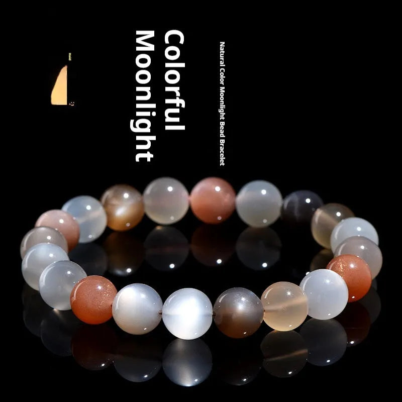 Unisex moonstone bracelet with colourful moonlight 8mm beads on a white background.