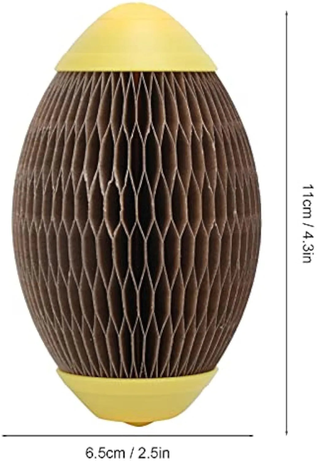 Elliptical corrugated paper catnip ball toy for scratching and play.