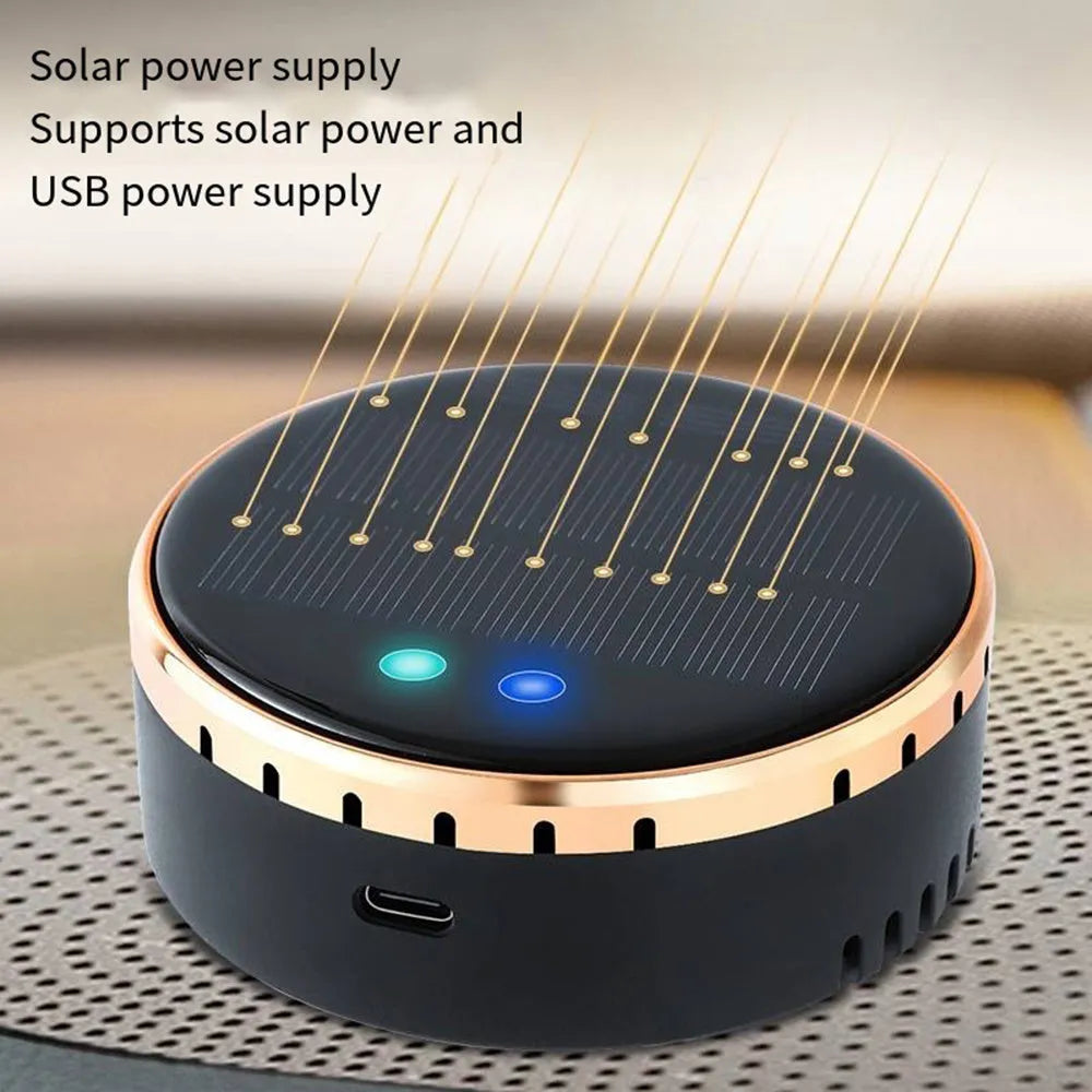 Car mounted solar air humidifier in black, gold, or red with vent mounting bracket and adjustable controls