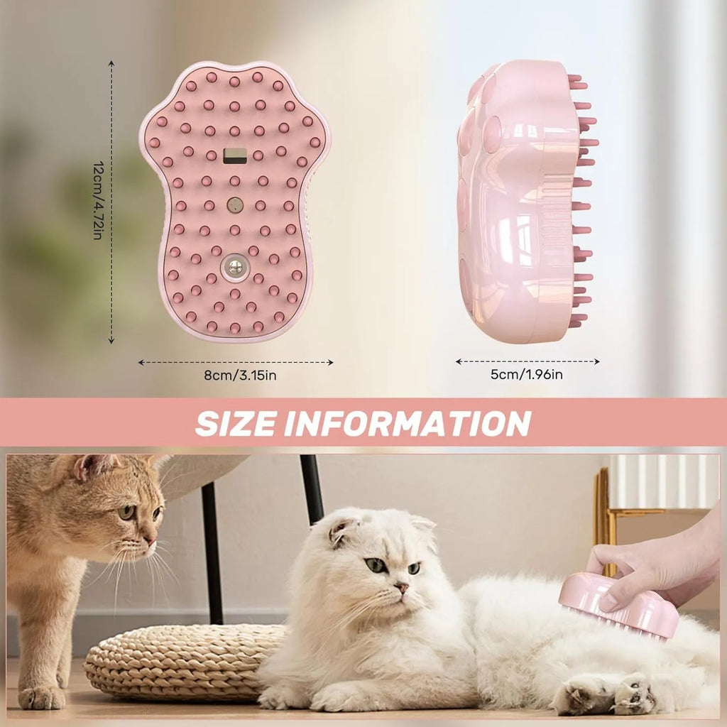 Self-cleaning cat steam grooming brush with silicone bristles and blue light on a pink background