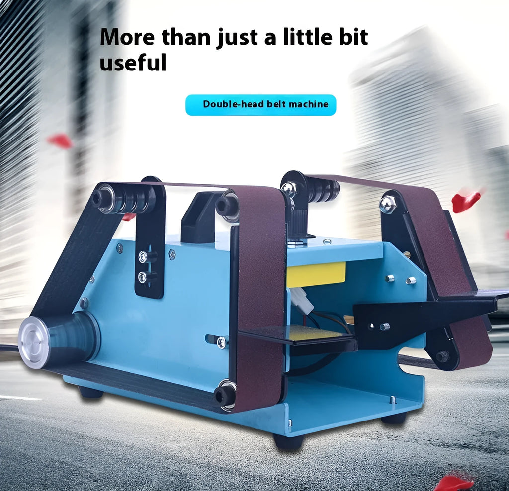 Blue desktop dual-head belt sander with variable speed dial on a workbench.