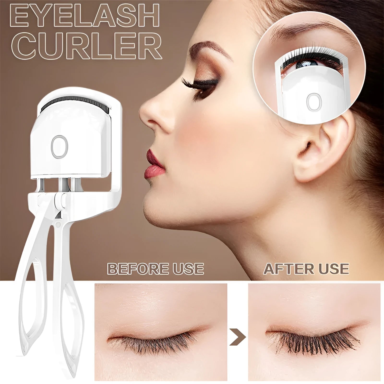 White and pink USB rechargeable heated eyelash curler with temperature control settings.