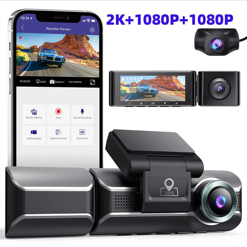 Front and rear view of a dual-lens car dash camera with 3-inch screen mounted on bracket