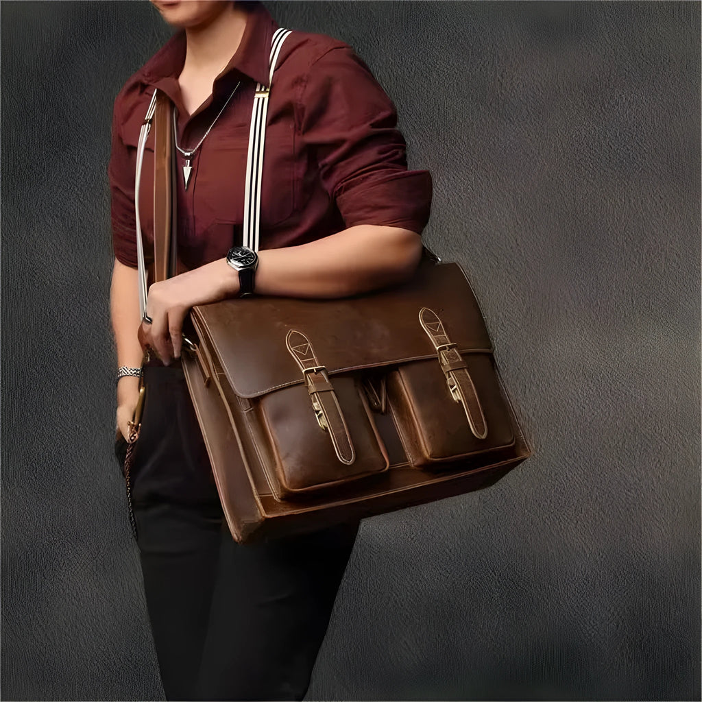 Genuine cowhide leather computer crossbody bag for business travel with anti-theft features