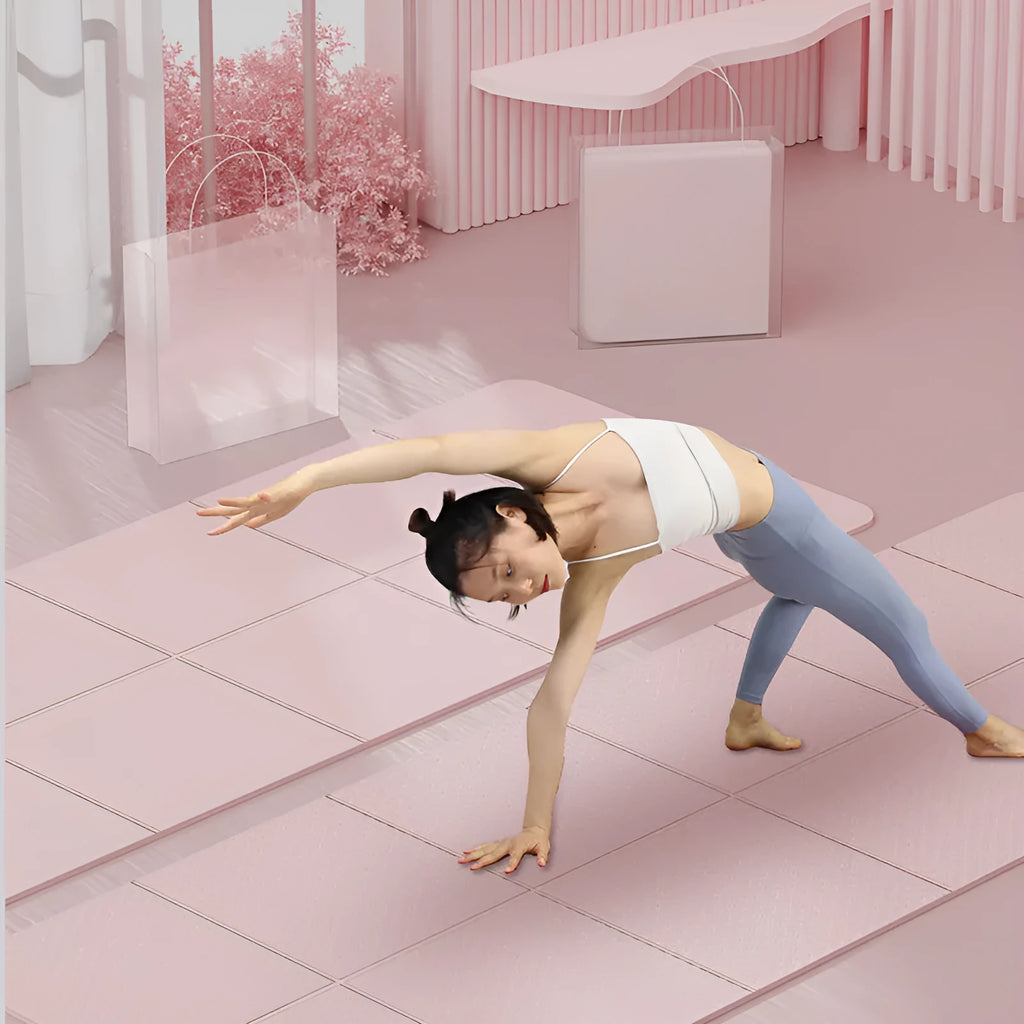 Folded purple TPE gymnastic mat showing its six-fold design on a wooden floor.