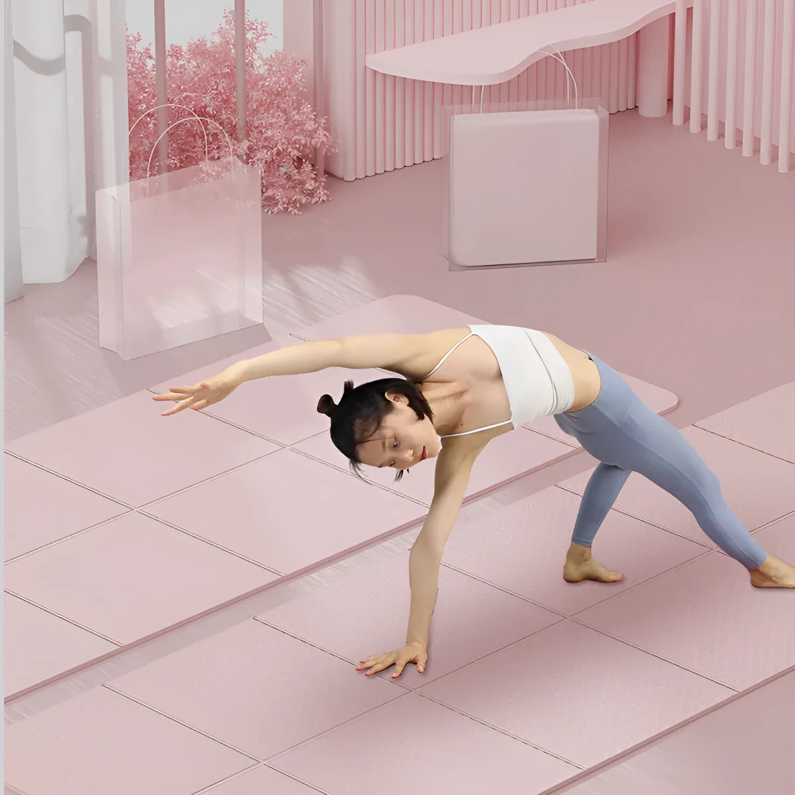 Folded purple TPE gymnastic mat showing its six-fold design on a wooden floor.