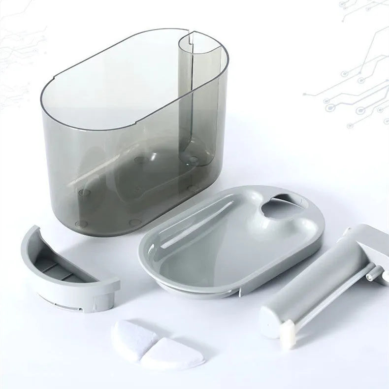 Automatic plastic drinking bowl for cats with infrared sensor, grey colour, on floor