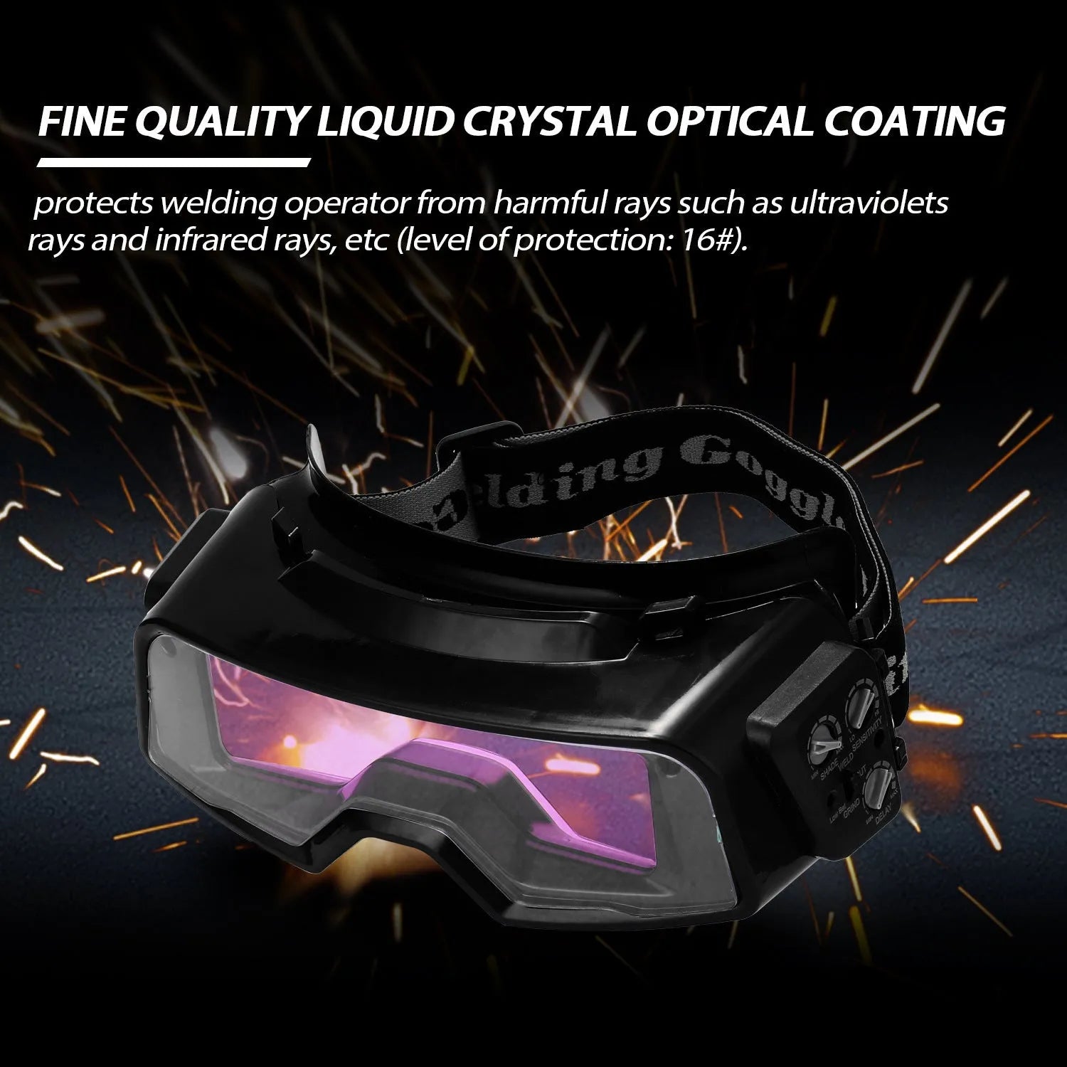 Black automatic darkening welding mask glasses with large rectangular lens for arc welding protection.