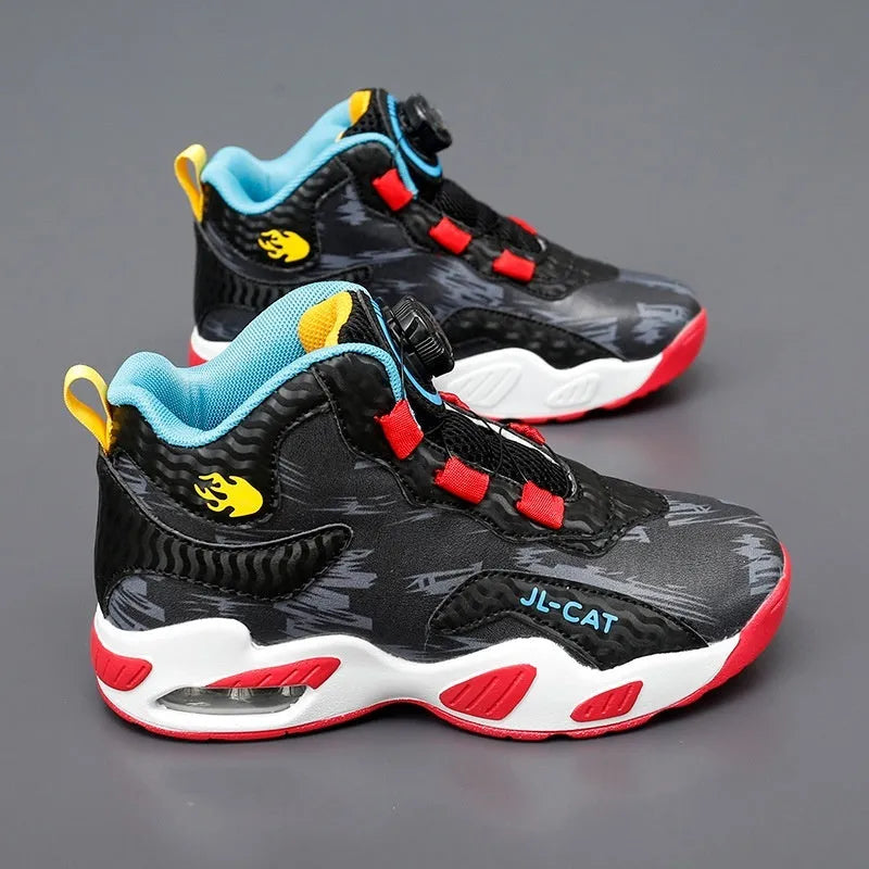 Children's rotating button basketball shoes in synthetic leather, showing waterproof design and colour options.