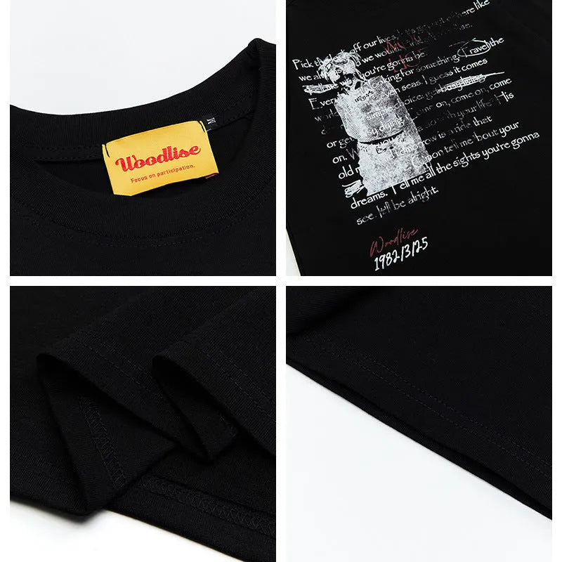 Men's black and white loose fit cotton t-shirt with printed letter design and raglan sleeves